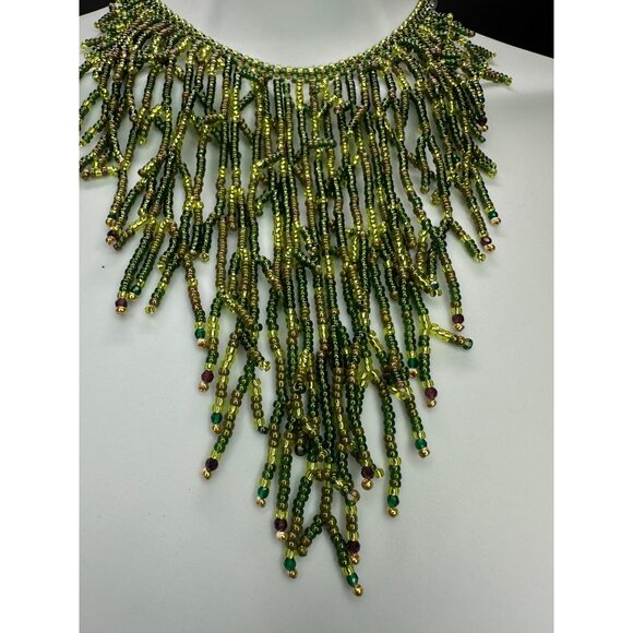 Handcrafted Beaded Waterfall Necklace 18K Gold Plated Natural Emerald Garnet - Picture 4 of 8